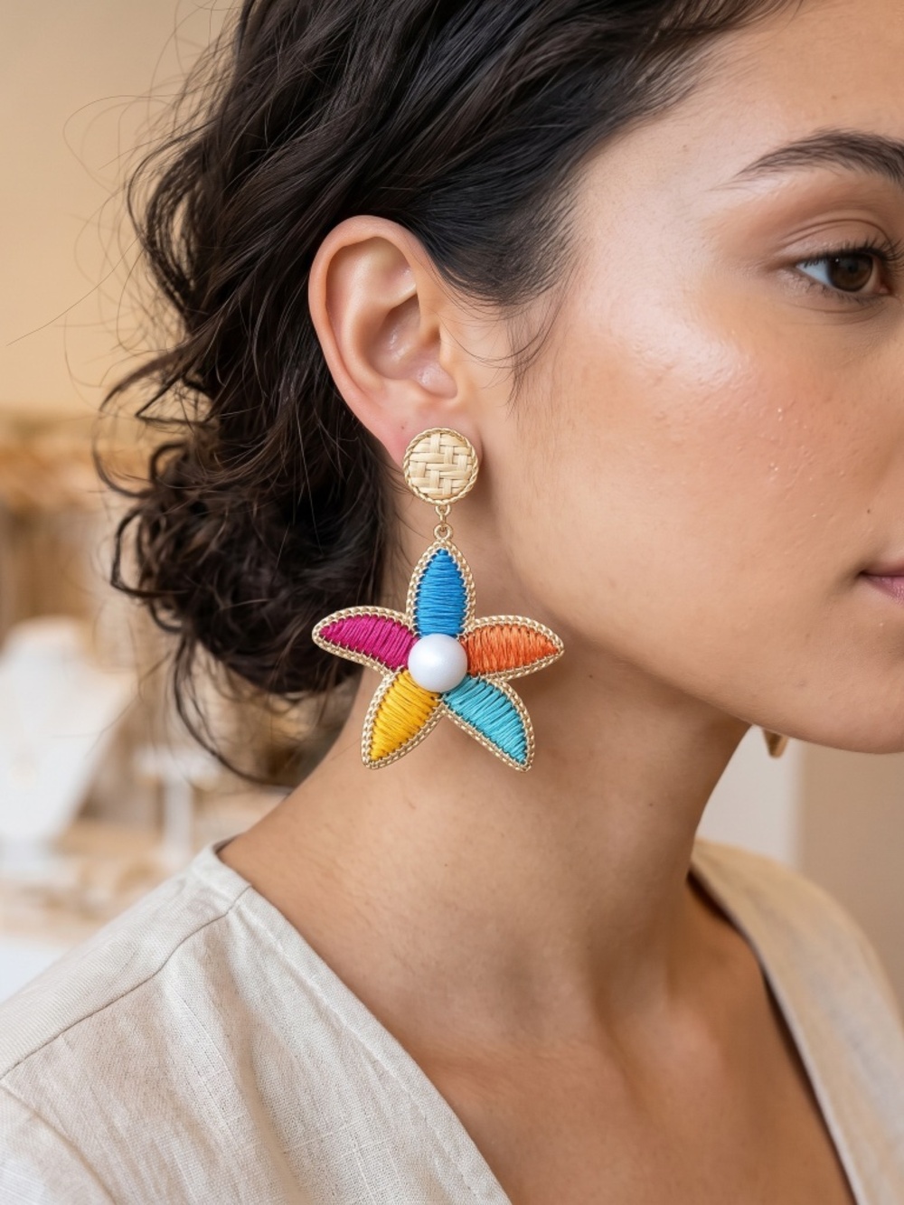 Colorful Straw & Thread Flower Drop Earrings Boho Raffia Floral Statement (F9)